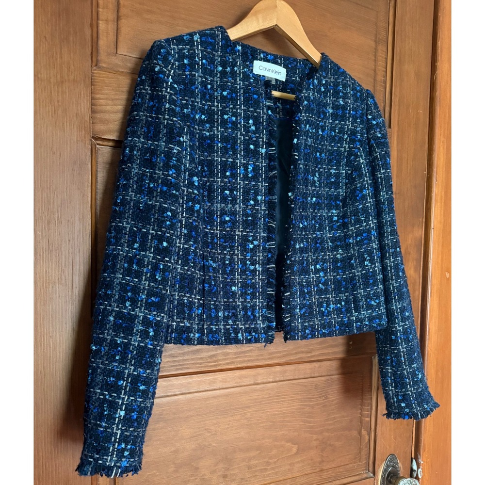 Calvin Klein Women Blue Tweed Cropped Jacket Fringe Trim Open Front Shimmer 10P